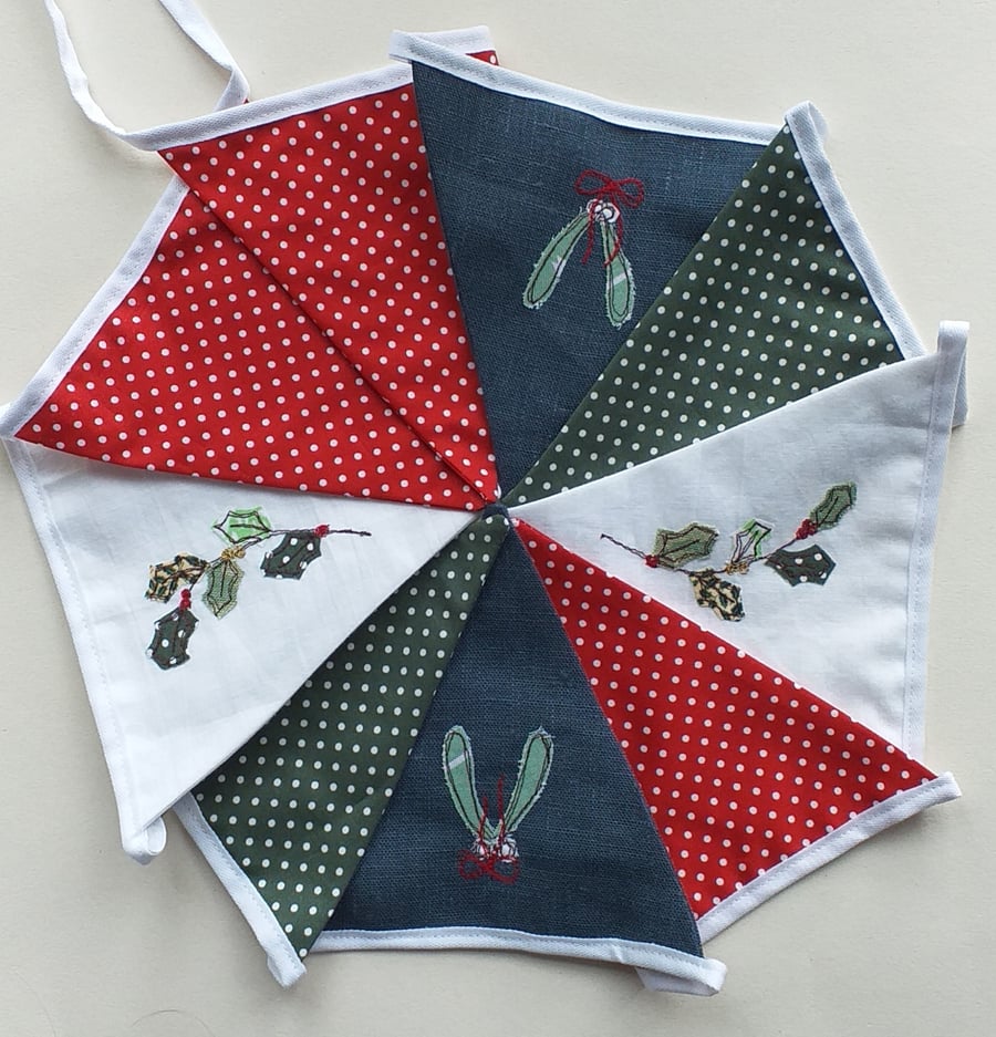 Embroidered Mistletoe and Holly Bunting