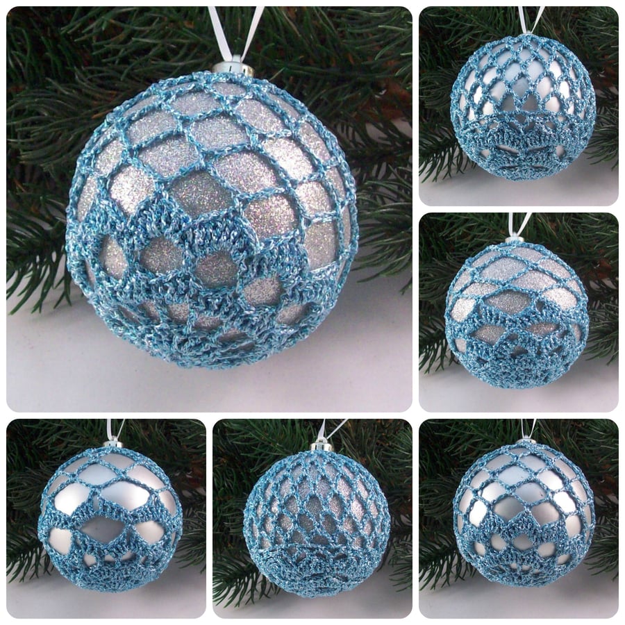 Christmas baubles boxed set of 6 large decorated with crochet lace (A19)