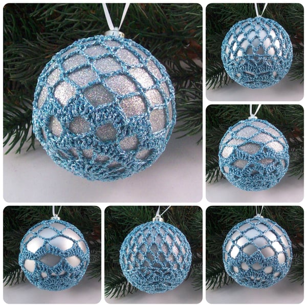 Christmas baubles boxed set of 6 large decorated with crochet lace (A19)