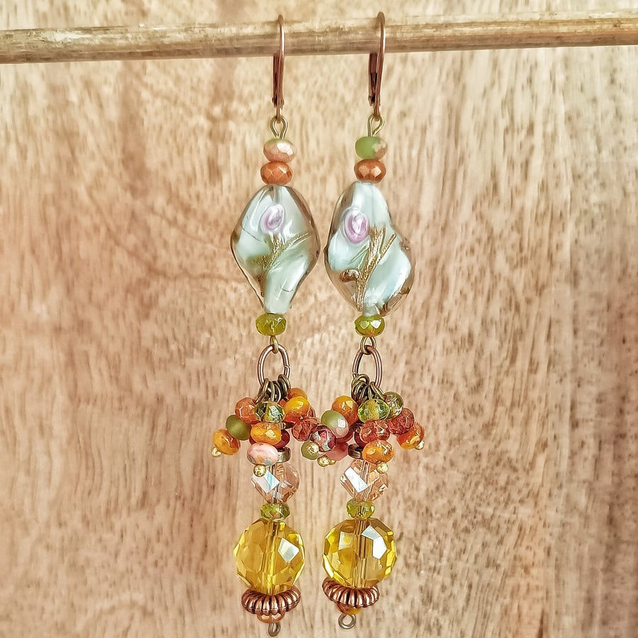 Floral Lampwork & Copper earrings