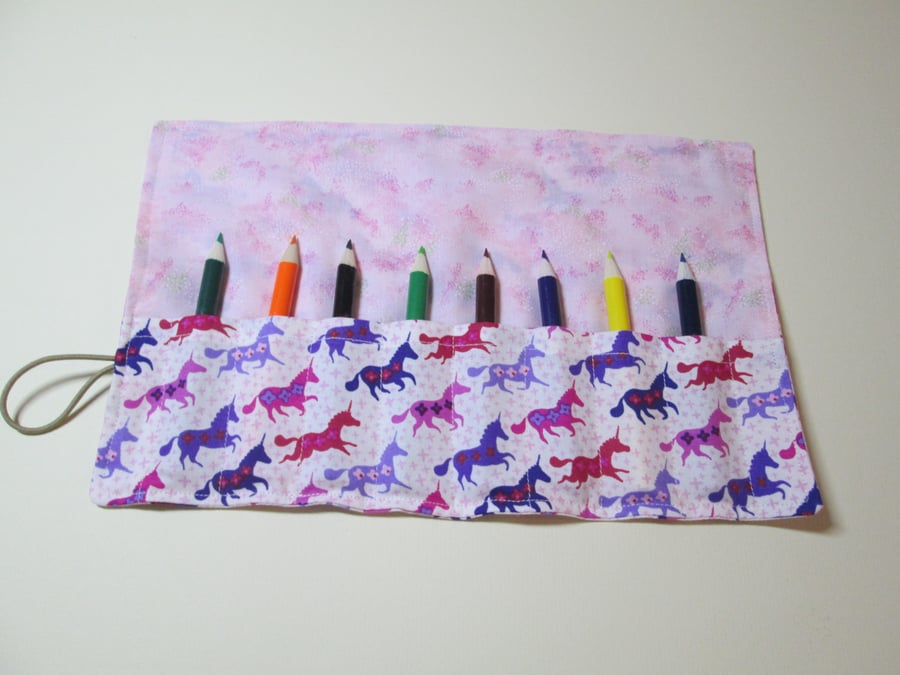 Pink and purple unicorn Fabric Pencil Roll