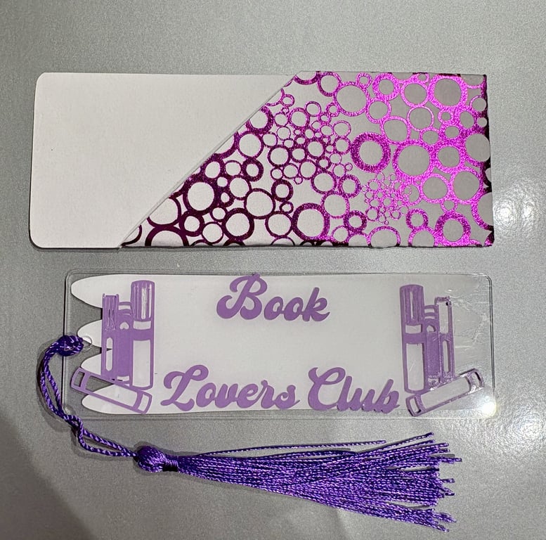 Book Lovers Club Acrylic Bookmark – Purple Vinyl Decal with Tassel & Sleeve