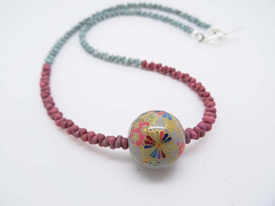 Tensha Bead Necklace, Japanese Decal Bead Necklace, Czech Glass Necklace,
