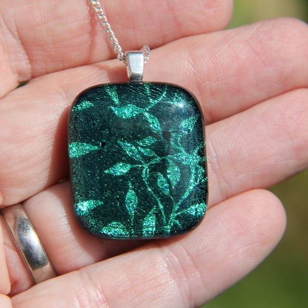 Green Leaves Dichroic Glass Pendant Necklace:  Fused Glass pendant F5