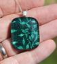 Green Leaves Dichroic Glass Pendant Necklace:  Fused Glass pendant