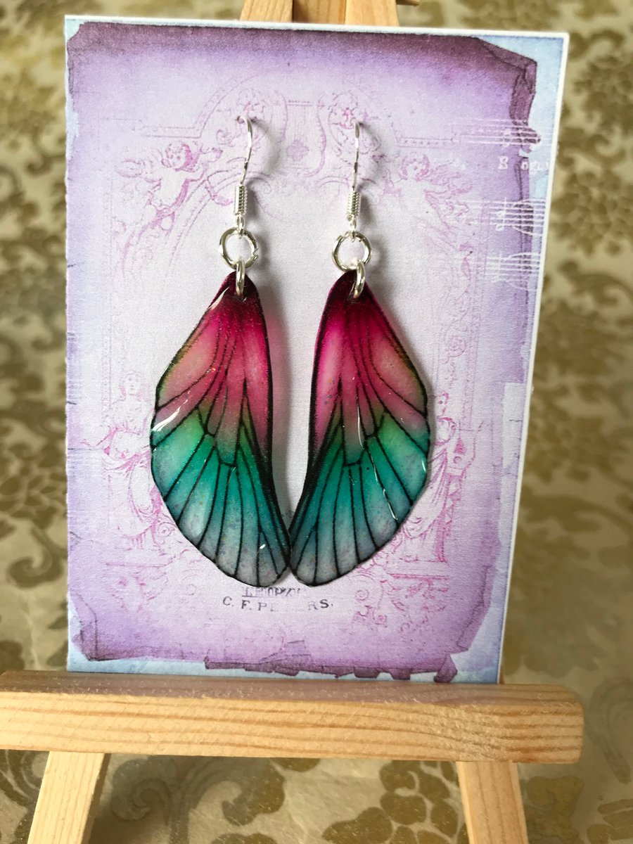 Pink and Green Fairy Wing Sterling Silver Earrings