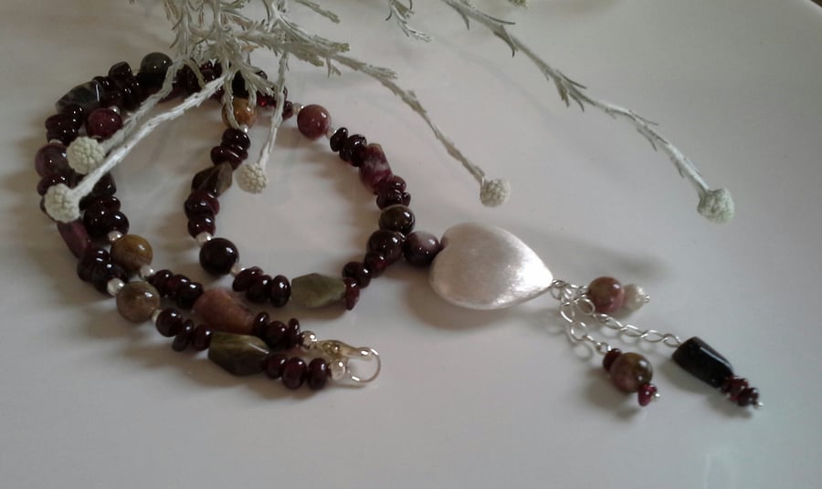  Tourmaline,  Indian Red Garnet neckkace with Large Silver Plate Heart
