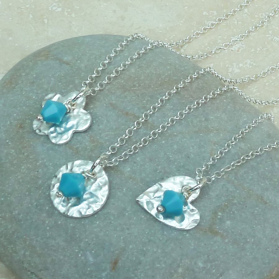 December Birthstone Necklace - Fine Silver Charm & Turquoise Crystal Birthstone