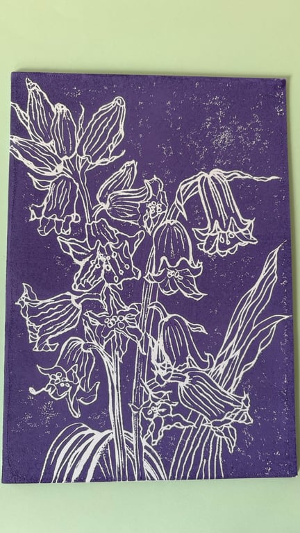 Handmade Bluebell Linocut Design, Original Floral Art Blank Greeting Card