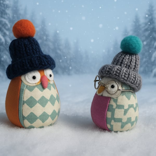 Winter owls - fabric decoration - novelty - gift (x2)