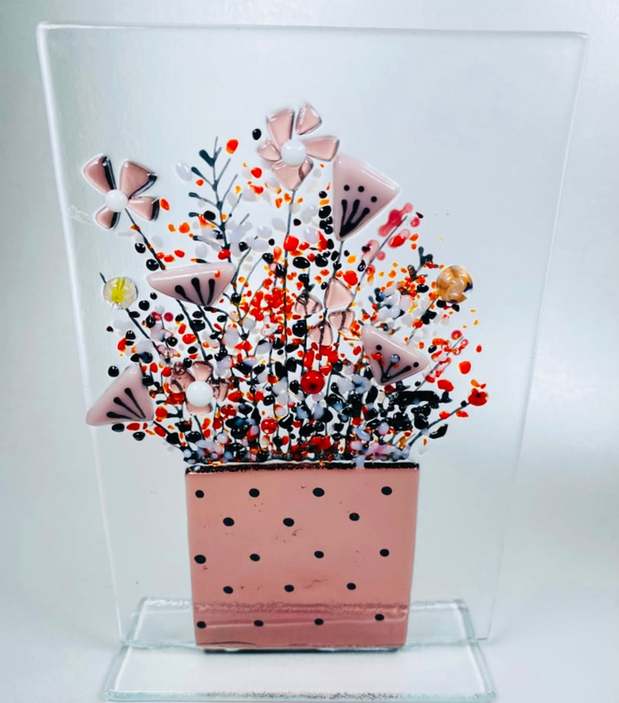 pink flower pot fused glass ornament