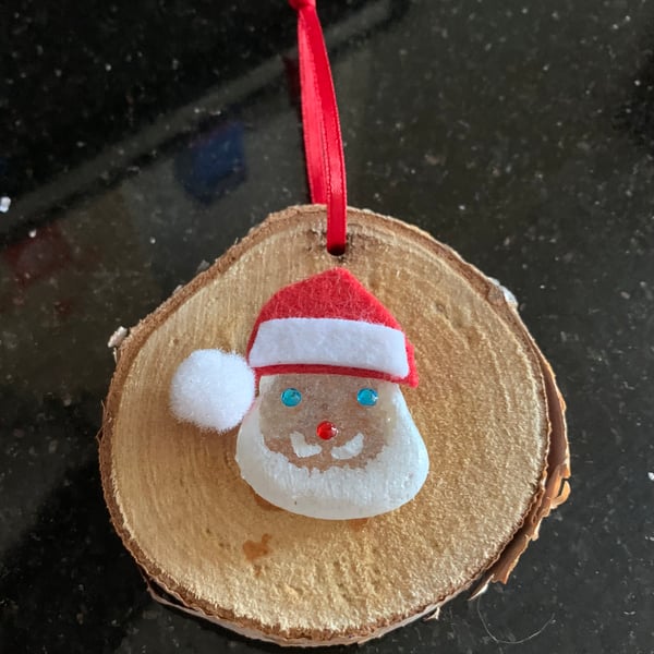 Beach-combed Christmas wooden decoration - seaglass Santa