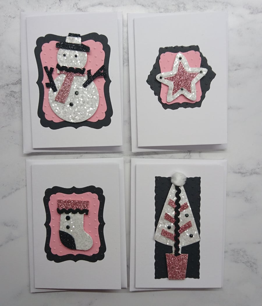 Set of 4 Luxury Handmade Christmas Gift Cards 3D  Snowman Stocking Tree Star