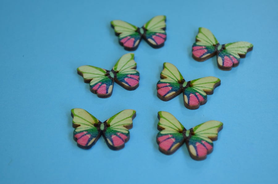 Wooden Butterfly Buttons Pink Green Blue 6pk 28x20mm (B7)