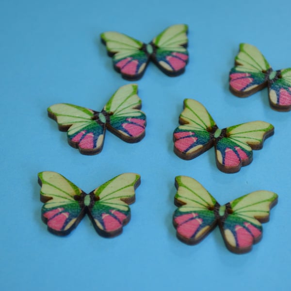Wooden Butterfly Buttons Pink Green Blue 6pk 28x20mm (B7)