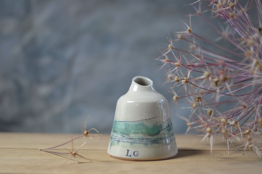 Seascape ceramic bottle bud vase - glazed in sea tones
