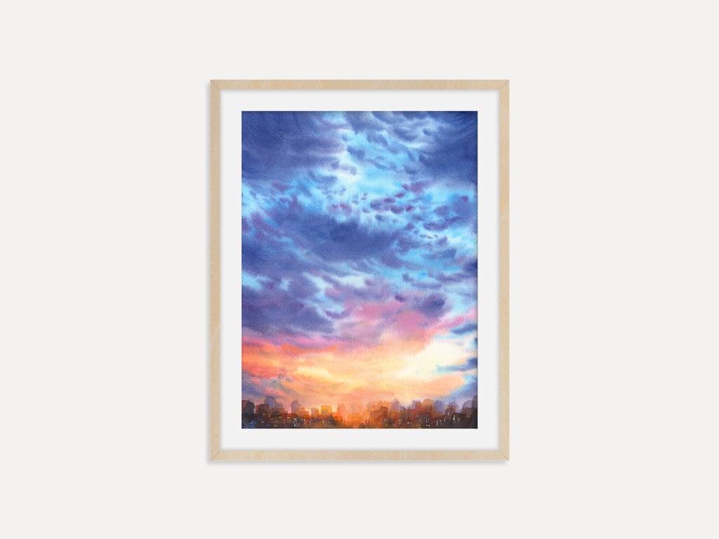 Vibrant Blue Sunset Fine Art Print, Colorful Ocean Watercolor, Coastal Wall Art
