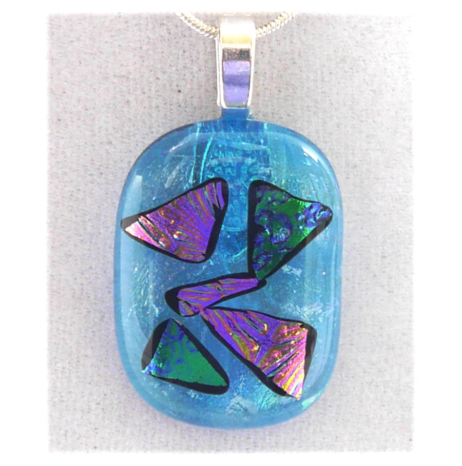 Turquoise Patchwork Dichroic Glass Pendant 198 silver plated chain