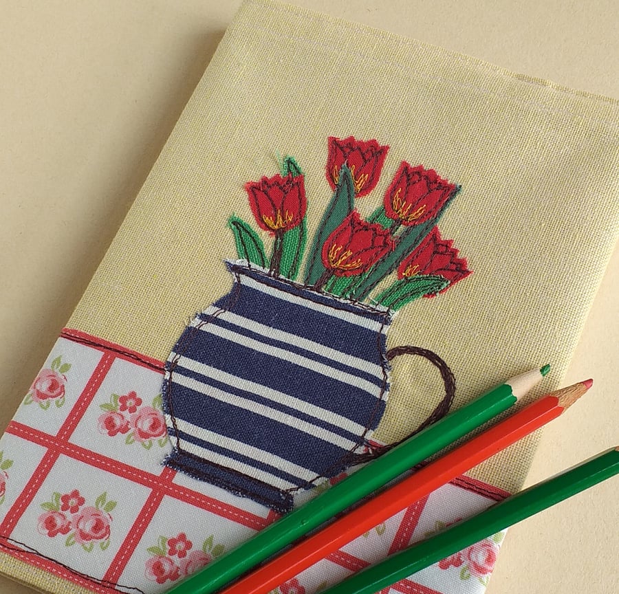 Notebook Cover with Embroidered Jug of Tulips