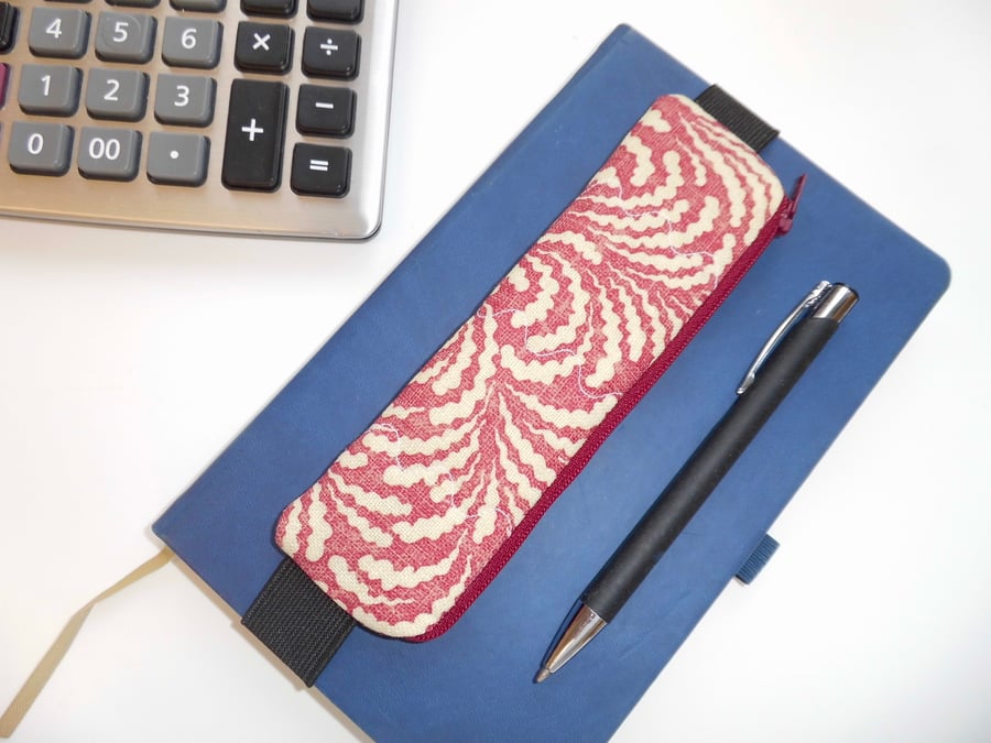 Elasticated pencil case for cover of book diary journal red linen