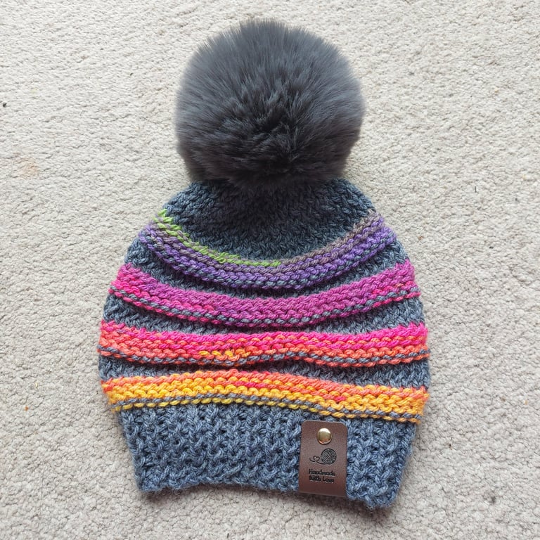 The Neon Puff kids rainbow knitted winter beanie hat