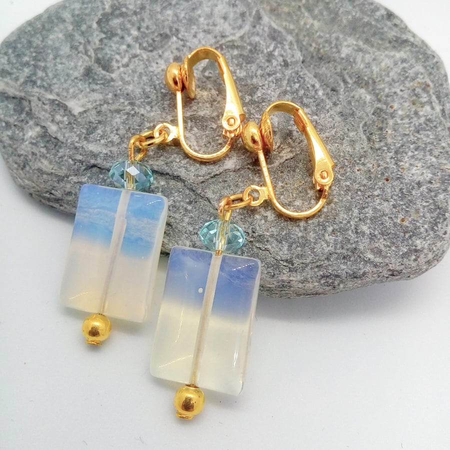 Milky Blue Rectangular Bead and Light Blue Crystal Gold Plated Clip On Earrings