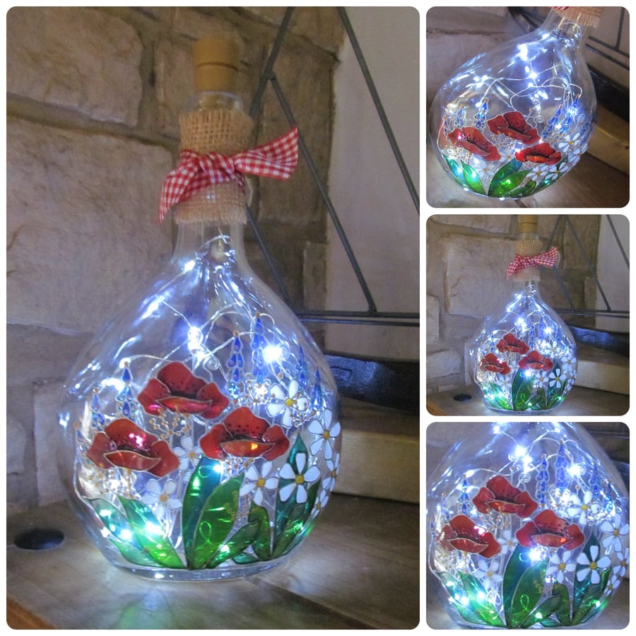 Hand Painted Wine Bottle Light (battery operated) - Poppies