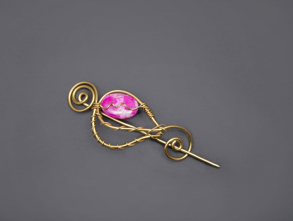 Handmade Brass Wire Wrapped Pink Agate Brooch – Shawl Pin & Scarf Slide