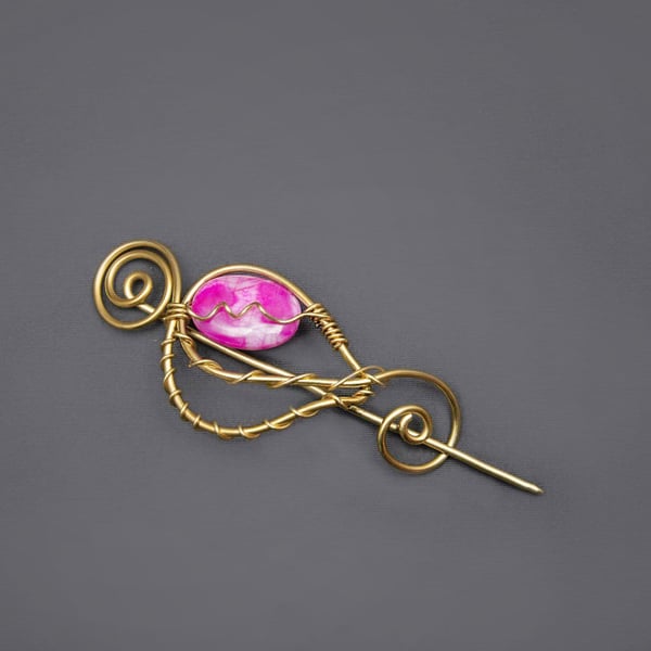 Handmade Brass Wire Wrapped Pink Agate Brooch – Shawl Pin & Scarf Slide