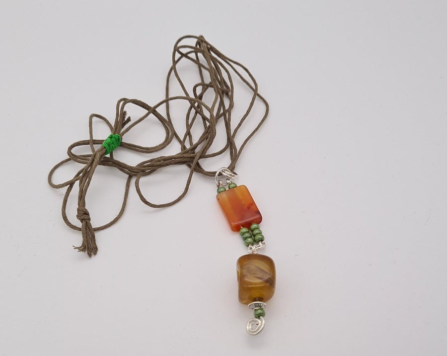 Handmade 24" Carnelian Hemp Necklace Green Glass Beads