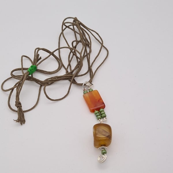 Handmade 24" Carnelian Hemp Necklace Green Glass Beads