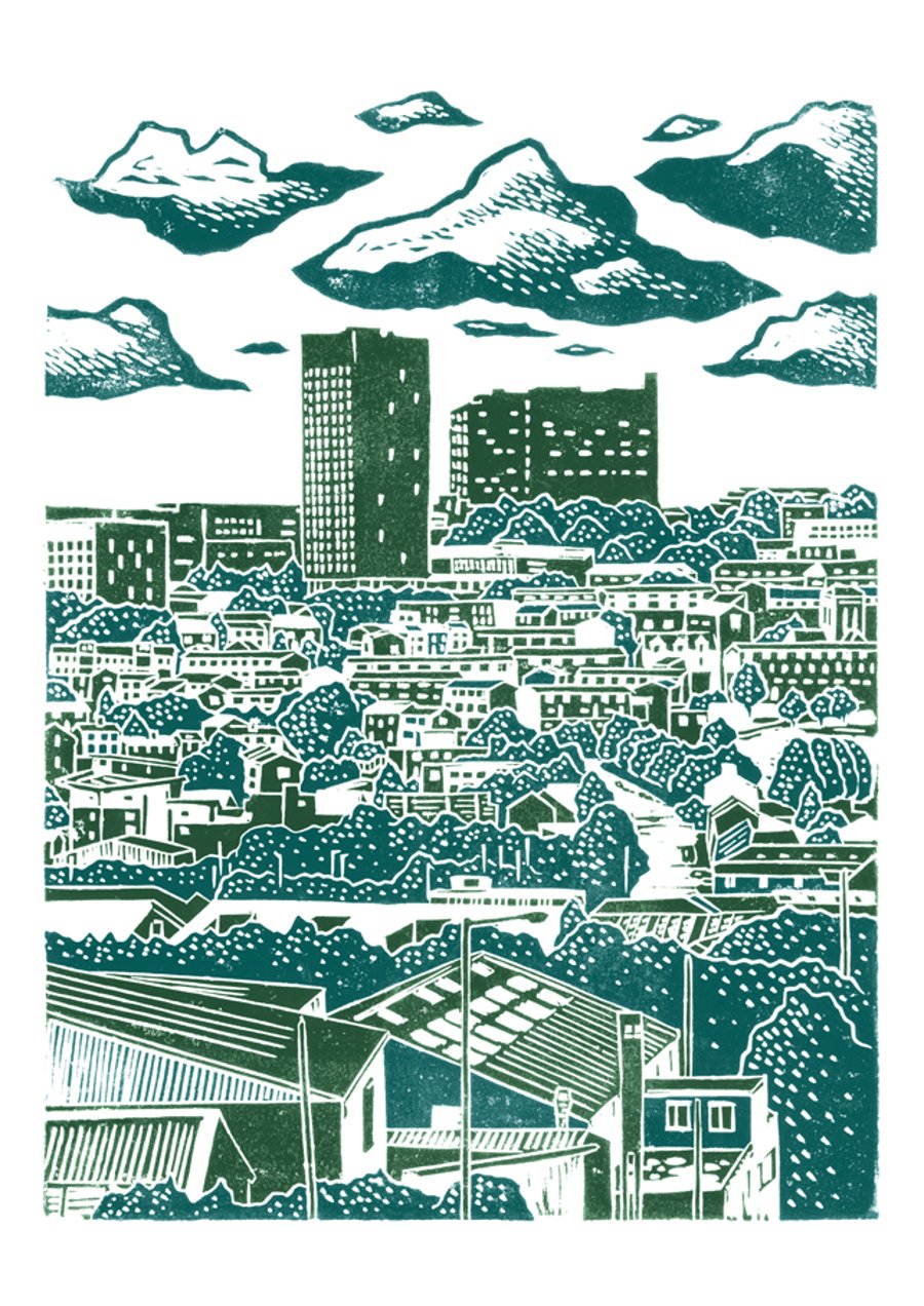 Sheffield City View No.6 A3 poster print (bottle green & teal blue)