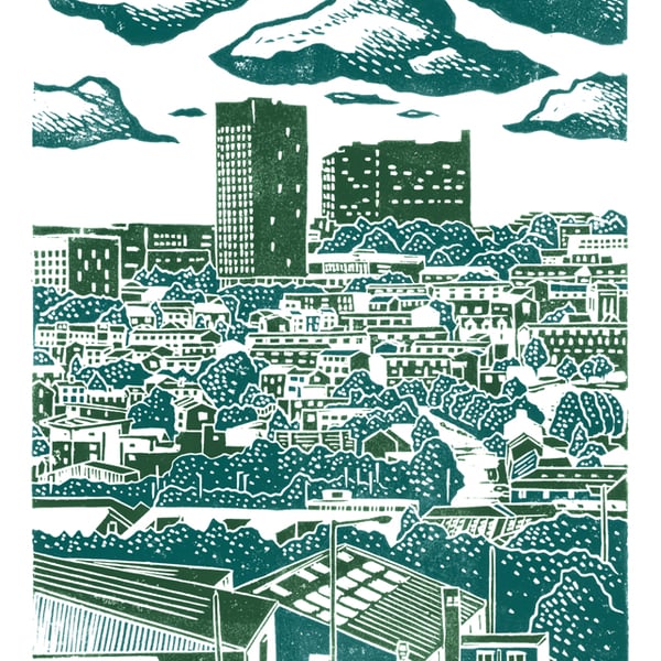 Sheffield City View No.6 A3 poster print (bottle green & teal blue)