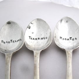 Set of 3 Handstamped Teaspoons, Beauteaful Tearrific Mightea