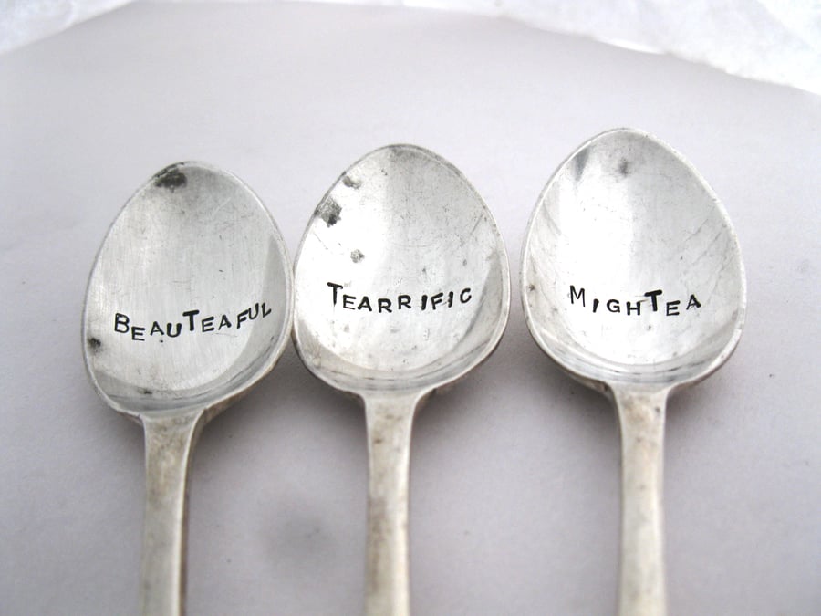 Set of 3 Handstamped Teaspoons, Beauteaful Tearrific Mightea