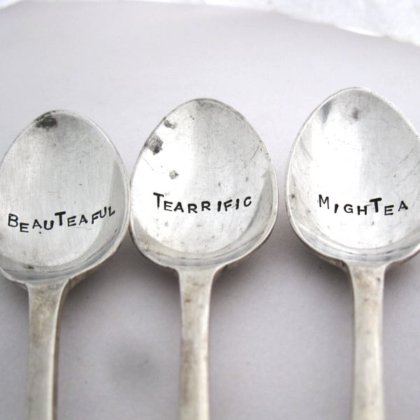 Set of 3 Handstamped Teaspoons, Beauteaful Tearrific Mightea