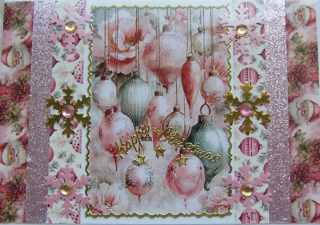 Hand Crafted Decoupage Chistmas Card - Happy Christmas (3347) Pink Xmas Baubles