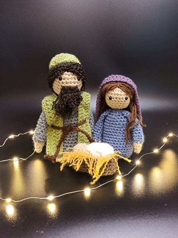 Handmade Crochet Nativity Set: Mary, Joseph, Jesus, Manger