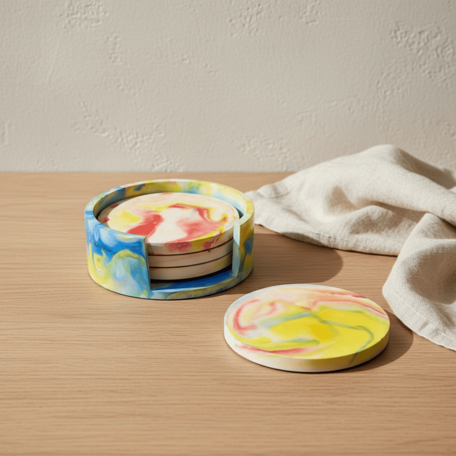 Handmade marbled coaster set of four with holder – colourful round coasters