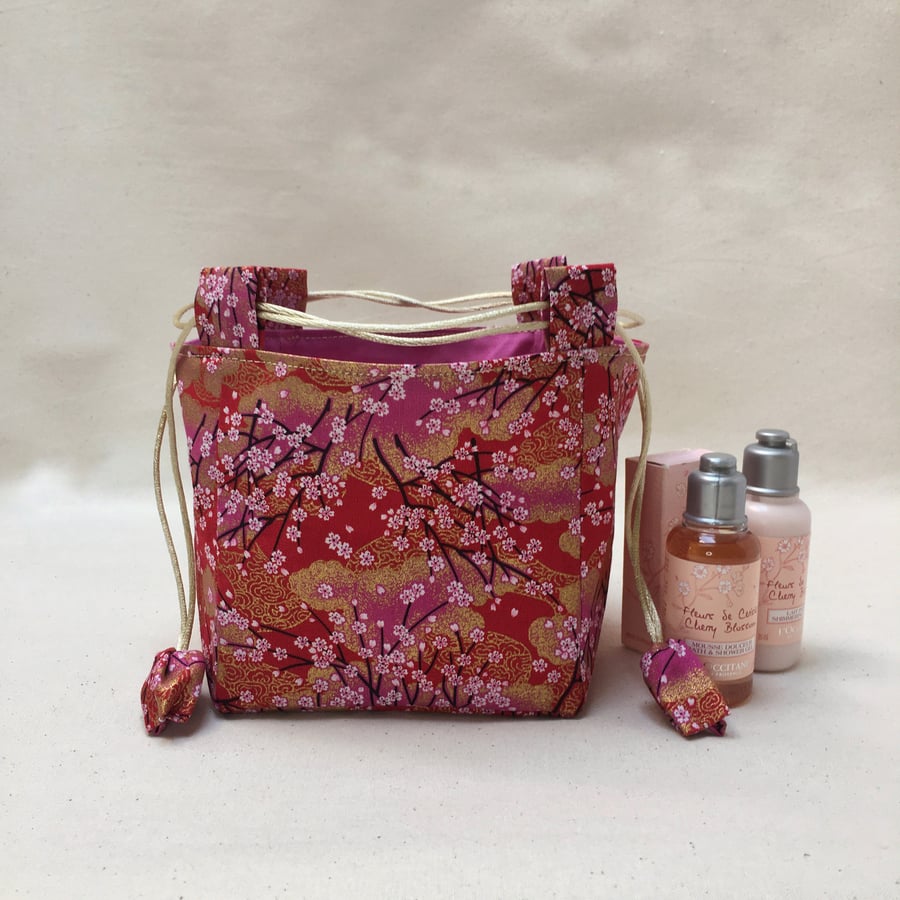 Pink Red and Gold Blossoms Japanese Rice Bag Gift Bag Make up Bag Reversible