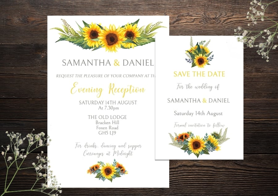 Sunflower Wedding Invitation SAMPLE. Matching items available.