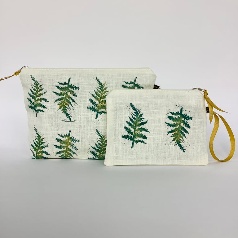 Linen Makeup Bag Fern Print; Hand printed Clutch Bag