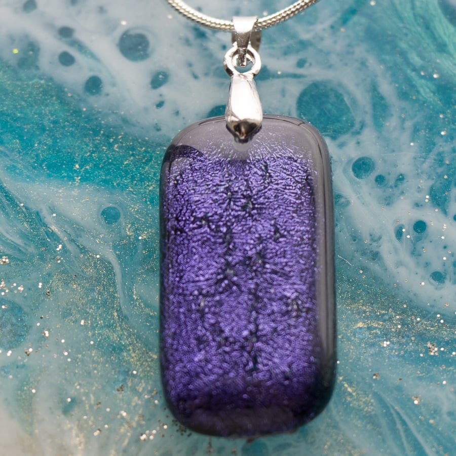 Sparkly Purple Fused Glass Pendant Necklace - 1062
