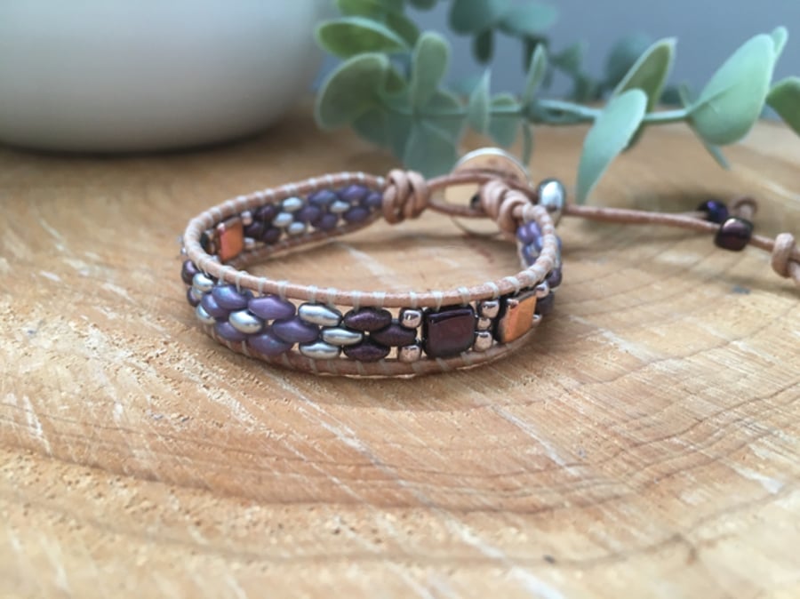 Bracelet, Boho beaded leather wrap cuff adjustable glass beads, gift for teen