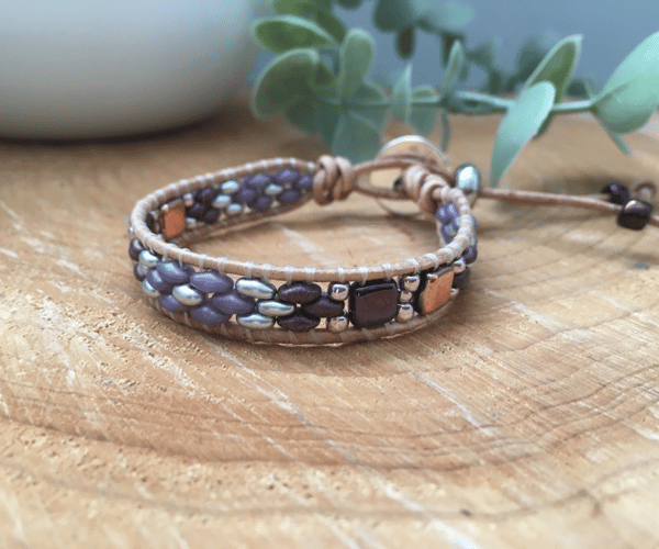 Bracelet, Boho beaded leather wrap cuff adjustable glass beads, gift for teen