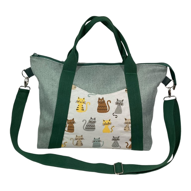 Knitting and crafting tote bag with zip top, large cats crossbody organiser