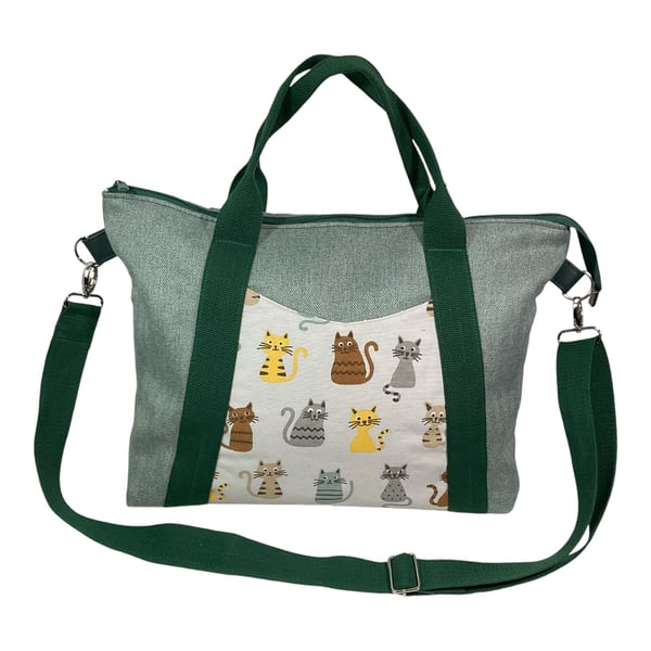 Knitting and crafting tote bag with zip top, large cats crossbody organiser