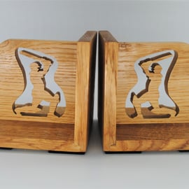 Wooden Cricketer Bookends - Oak