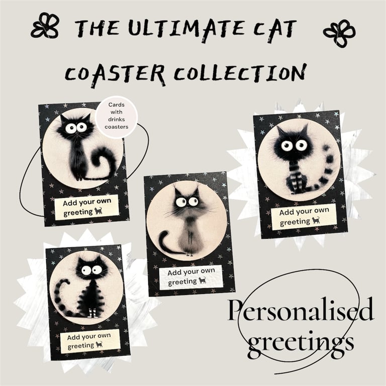 Blank card for cat lover with drinks coaster, any occasion, free to personalise