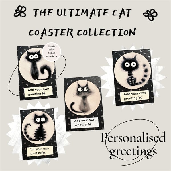 Blank card for cat lover with drinks coaster, any occasion, free to personalise